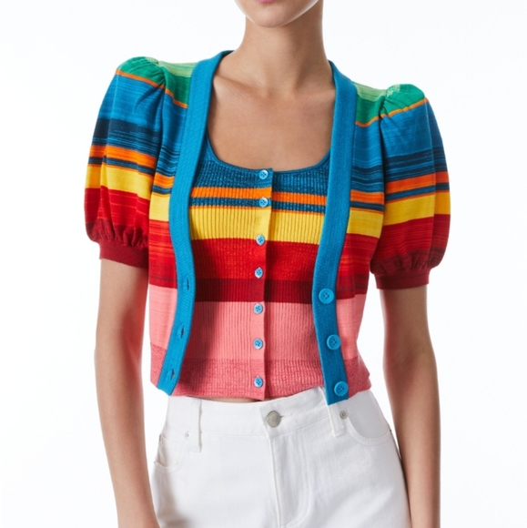 ALICE + OLIVIA Striped Puff Sleeve Sweater - Picture 1 of 7